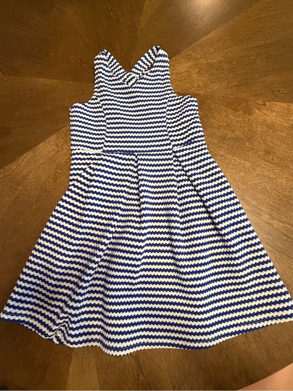 Girls Blue and White Striped Sleeveless Fit & Flare Dress
